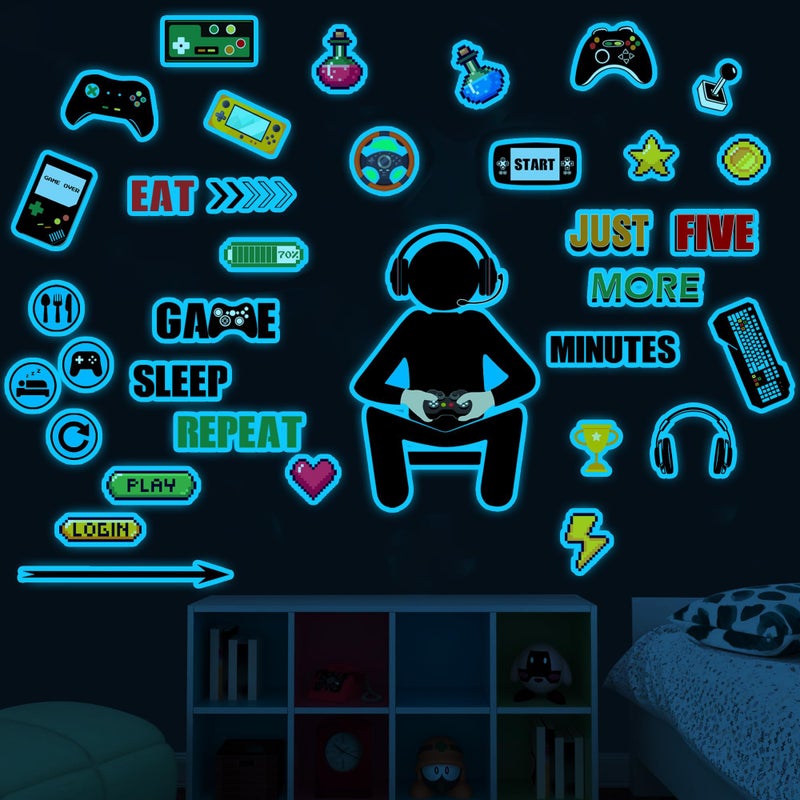 Sinekong Gamer Wall Decals Stickers Glow in The Dark Wall Decals Game Wall Stickers Gaming Controller Decals Game Room Decor Video Game Decal for Boys Kids Girls Bedoom Playroom Decor (Sky Blue) - Image 1